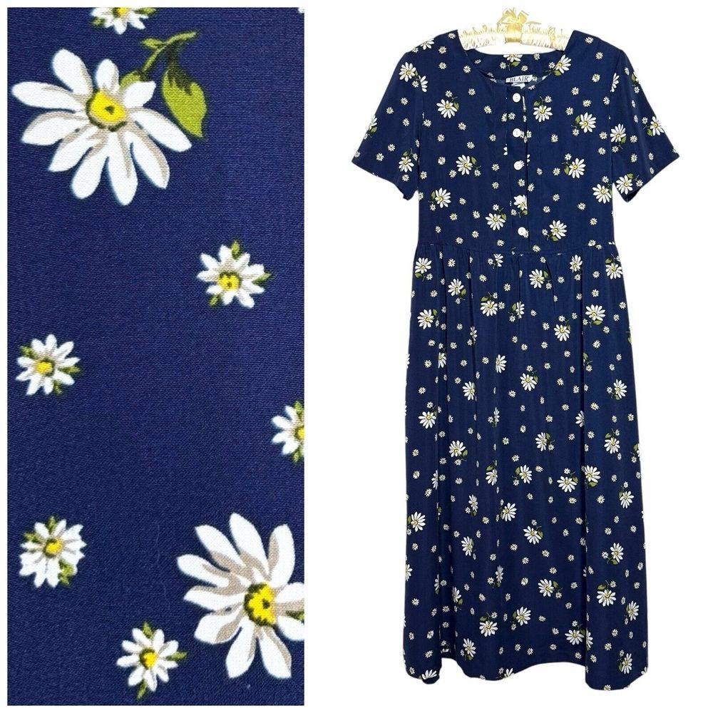 Vintage Dress M‎ Daisy Ditsy Floral Midi Tie Back Shirt Dress Pockets Modest